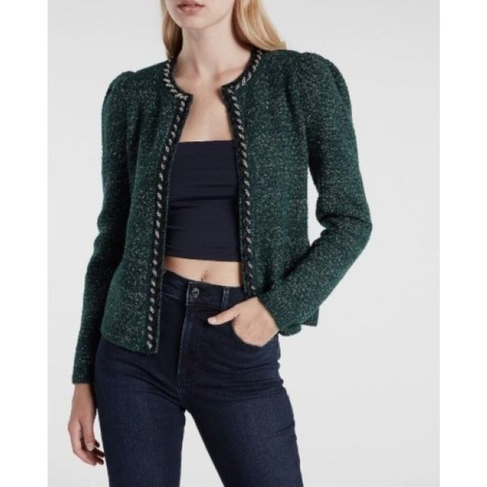 Express Sweater Womens S Green Metallic Open Front Chain Trim Knit Cardigan $148